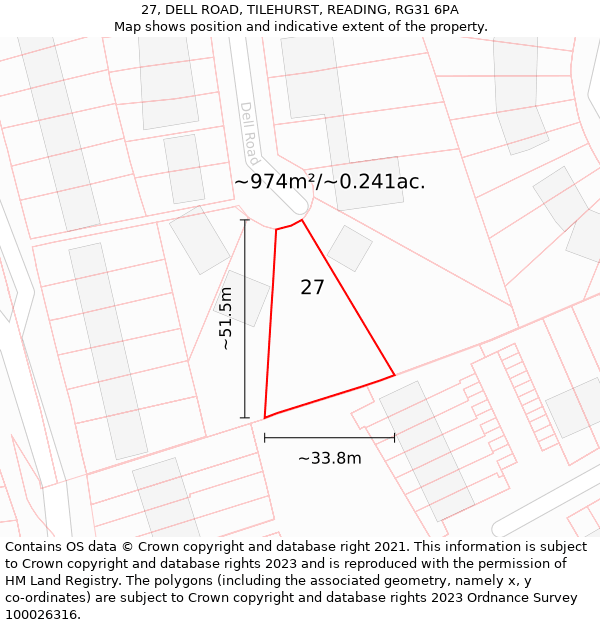 27, DELL ROAD, TILEHURST, READING, RG31 6PA: Plot and title map