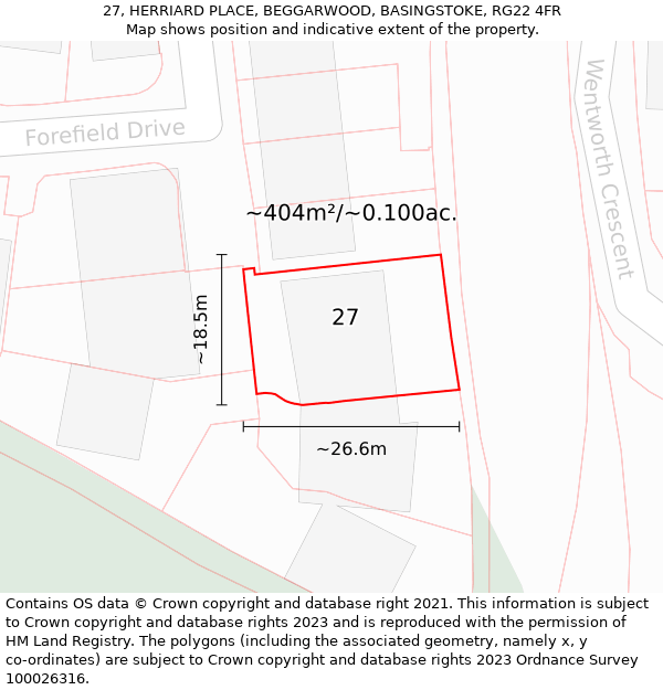 27, HERRIARD PLACE, BEGGARWOOD, BASINGSTOKE, RG22 4FR: Plot and title map