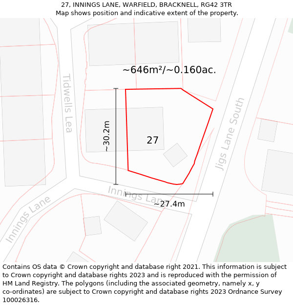 27, INNINGS LANE, WARFIELD, BRACKNELL, RG42 3TR: Plot and title map