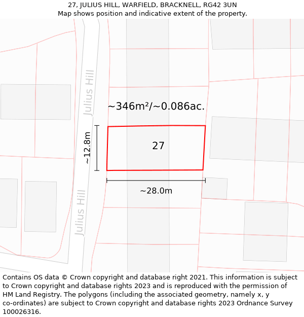 27, JULIUS HILL, WARFIELD, BRACKNELL, RG42 3UN: Plot and title map