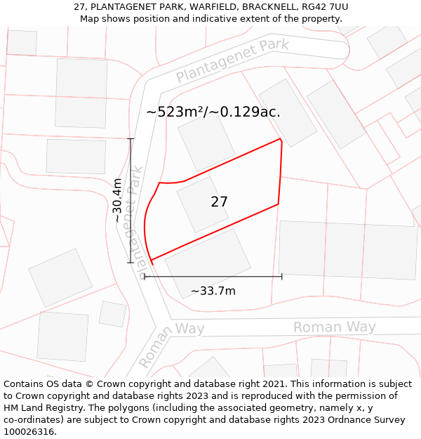 27, PLANTAGENET PARK, WARFIELD, BRACKNELL, RG42 7UU: Plot and title map