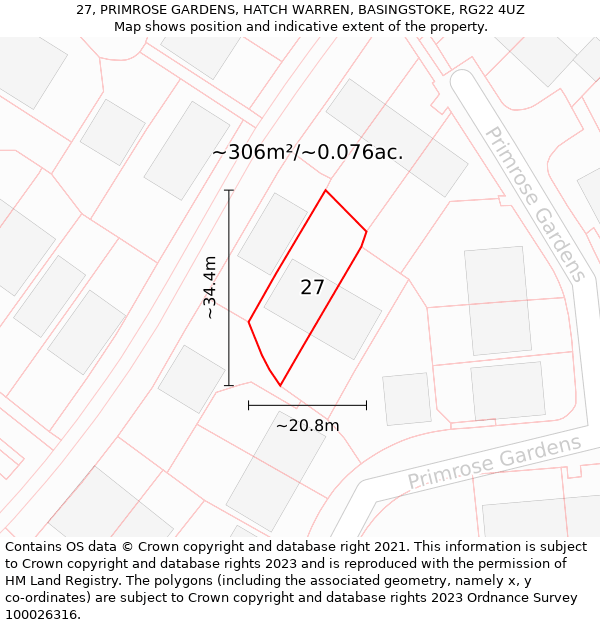 27, PRIMROSE GARDENS, HATCH WARREN, BASINGSTOKE, RG22 4UZ: Plot and title map