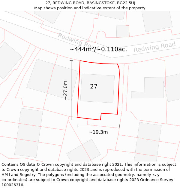 27, REDWING ROAD, BASINGSTOKE, RG22 5UJ: Plot and title map