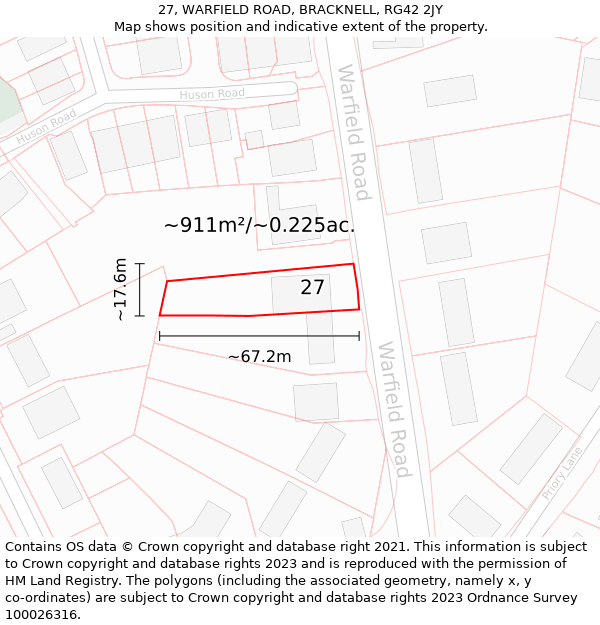 27, WARFIELD ROAD, BRACKNELL, RG42 2JY: Plot and title map