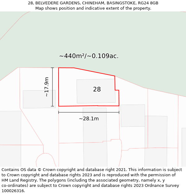 28, BELVEDERE GARDENS, CHINEHAM, BASINGSTOKE, RG24 8GB: Plot and title map