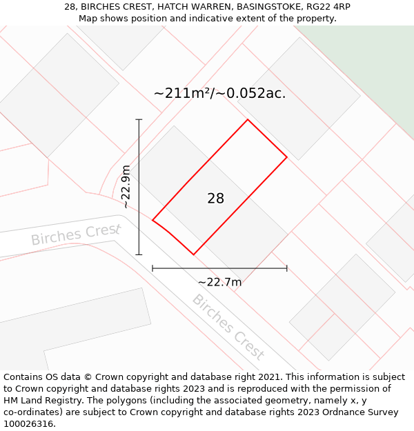28, BIRCHES CREST, HATCH WARREN, BASINGSTOKE, RG22 4RP: Plot and title map