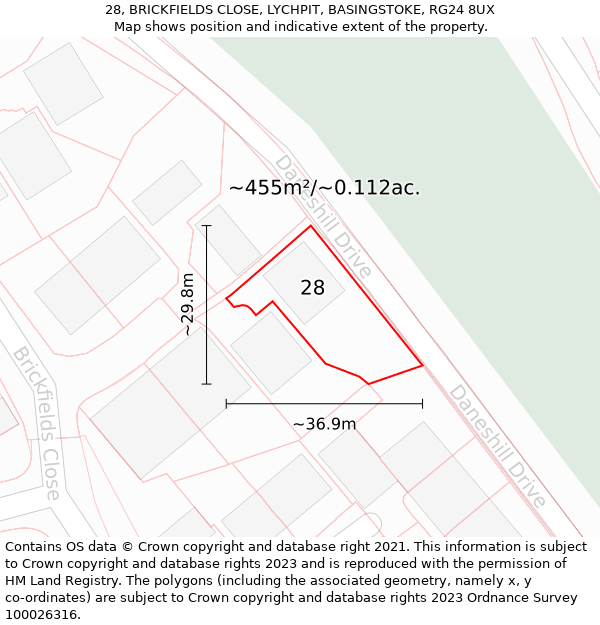 28, BRICKFIELDS CLOSE, LYCHPIT, BASINGSTOKE, RG24 8UX: Plot and title map