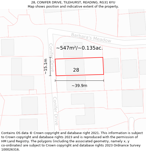 28, CONIFER DRIVE, TILEHURST, READING, RG31 6YU: Plot and title map