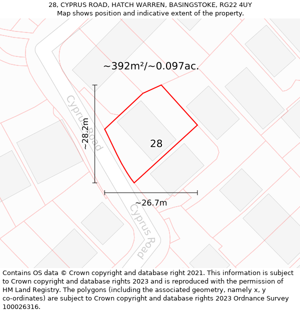 28, CYPRUS ROAD, HATCH WARREN, BASINGSTOKE, RG22 4UY: Plot and title map