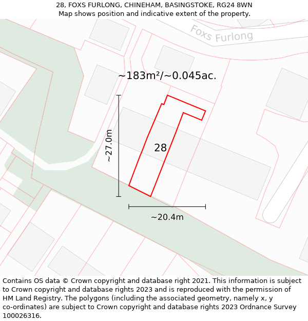 28, FOXS FURLONG, CHINEHAM, BASINGSTOKE, RG24 8WN: Plot and title map