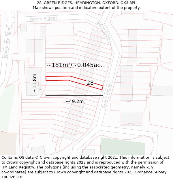 28, GREEN RIDGES, HEADINGTON, OXFORD, OX3 8PL: Plot and title map