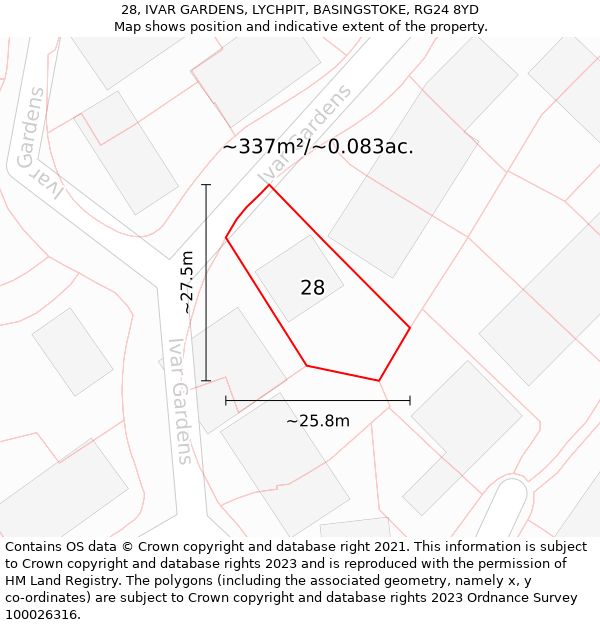 28, IVAR GARDENS, LYCHPIT, BASINGSTOKE, RG24 8YD: Plot and title map