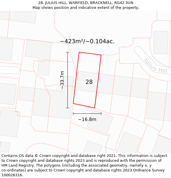 28, JULIUS HILL, WARFIELD, BRACKNELL, RG42 3UN: Plot and title map