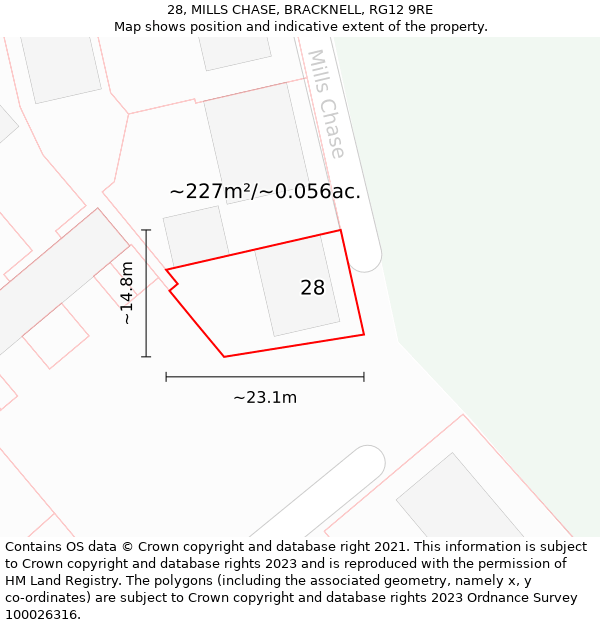 28, MILLS CHASE, BRACKNELL, RG12 9RE: Plot and title map