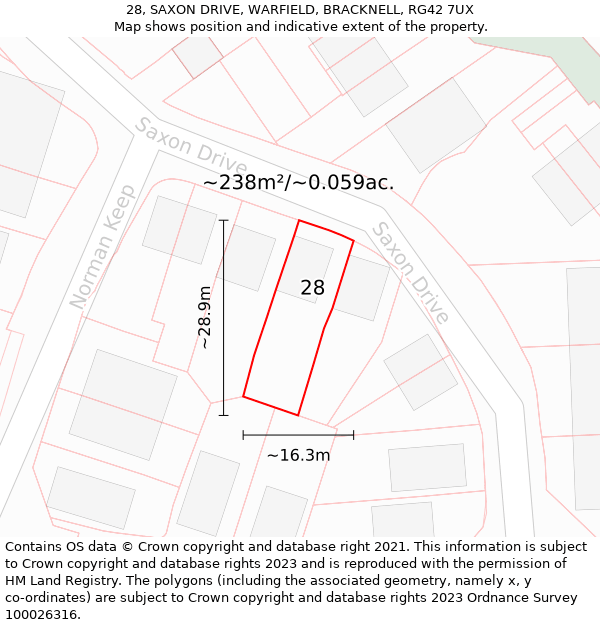 28, SAXON DRIVE, WARFIELD, BRACKNELL, RG42 7UX: Plot and title map