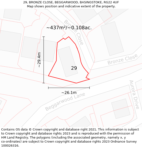 29, BRONZE CLOSE, BEGGARWOOD, BASINGSTOKE, RG22 4UF: Plot and title map