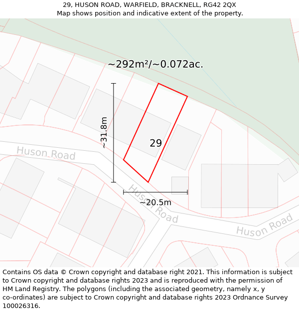 29, HUSON ROAD, WARFIELD, BRACKNELL, RG42 2QX: Plot and title map