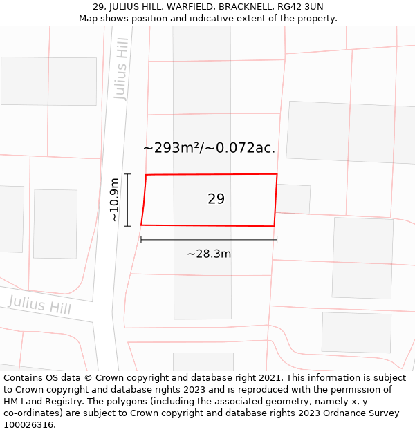 29, JULIUS HILL, WARFIELD, BRACKNELL, RG42 3UN: Plot and title map