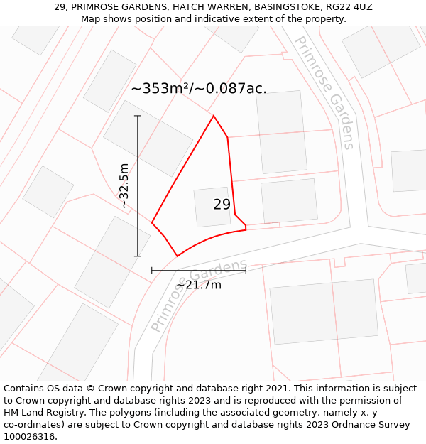 29, PRIMROSE GARDENS, HATCH WARREN, BASINGSTOKE, RG22 4UZ: Plot and title map