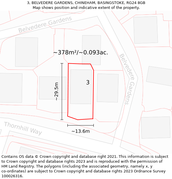 3, BELVEDERE GARDENS, CHINEHAM, BASINGSTOKE, RG24 8GB: Plot and title map