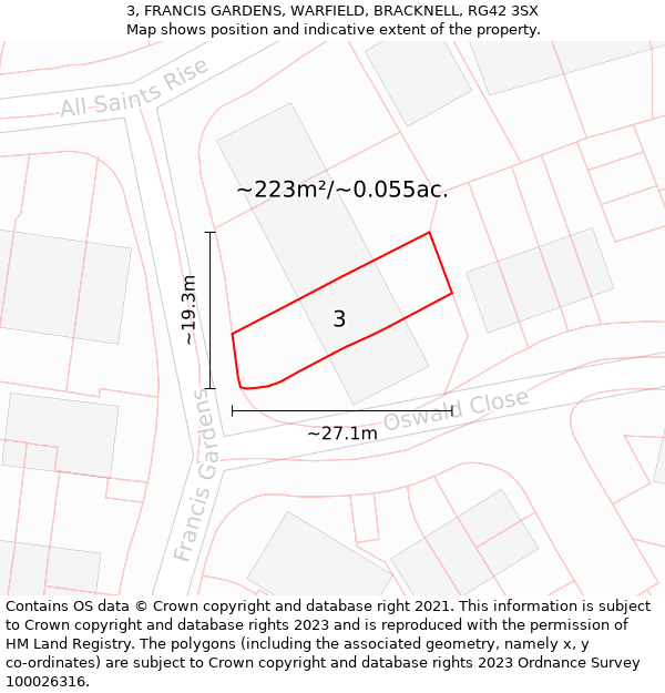 3, FRANCIS GARDENS, WARFIELD, BRACKNELL, RG42 3SX: Plot and title map