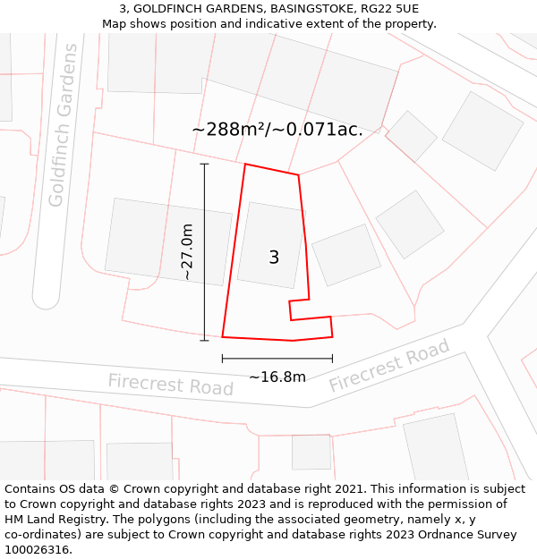 3, GOLDFINCH GARDENS, BASINGSTOKE, RG22 5UE: Plot and title map