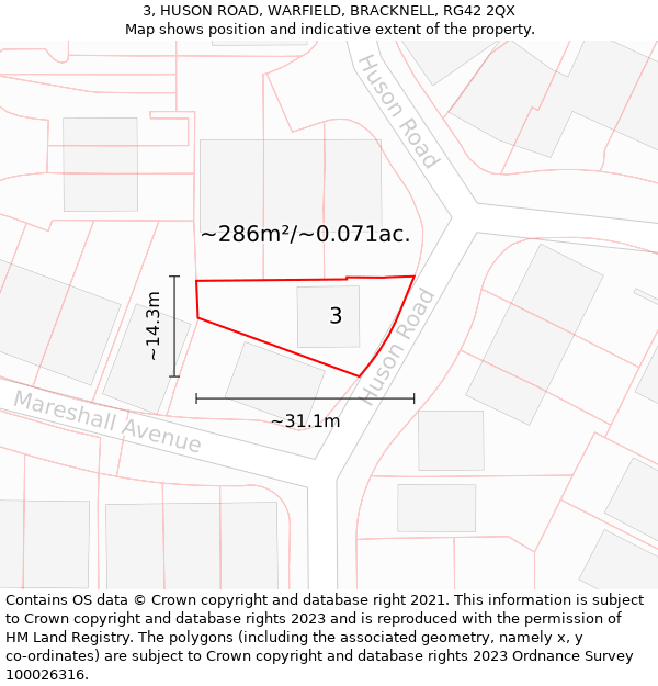 3, HUSON ROAD, WARFIELD, BRACKNELL, RG42 2QX: Plot and title map