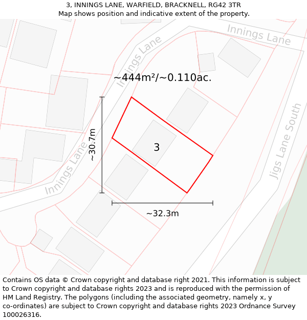 3, INNINGS LANE, WARFIELD, BRACKNELL, RG42 3TR: Plot and title map