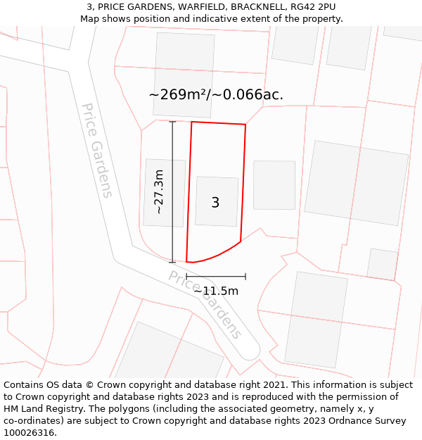3, PRICE GARDENS, WARFIELD, BRACKNELL, RG42 2PU: Plot and title map