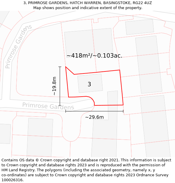 3, PRIMROSE GARDENS, HATCH WARREN, BASINGSTOKE, RG22 4UZ: Plot and title map