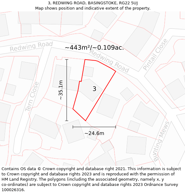 3, REDWING ROAD, BASINGSTOKE, RG22 5UJ: Plot and title map