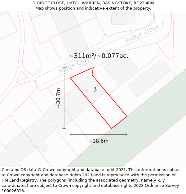 3, RIDGE CLOSE, HATCH WARREN, BASINGSTOKE, RG22 4RN: Plot and title map