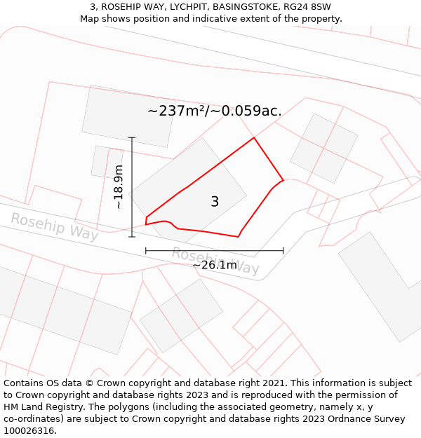 3, ROSEHIP WAY, LYCHPIT, BASINGSTOKE, RG24 8SW: Plot and title map