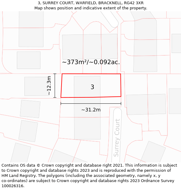 3, SURREY COURT, WARFIELD, BRACKNELL, RG42 3XR: Plot and title map