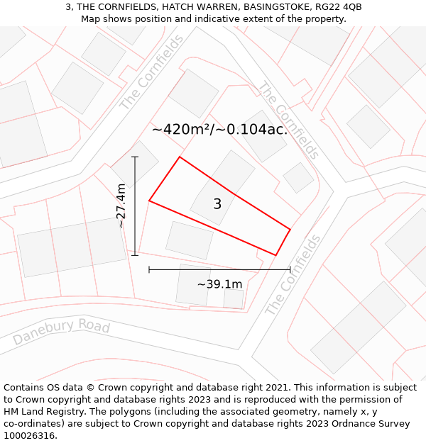 3, THE CORNFIELDS, HATCH WARREN, BASINGSTOKE, RG22 4QB: Plot and title map