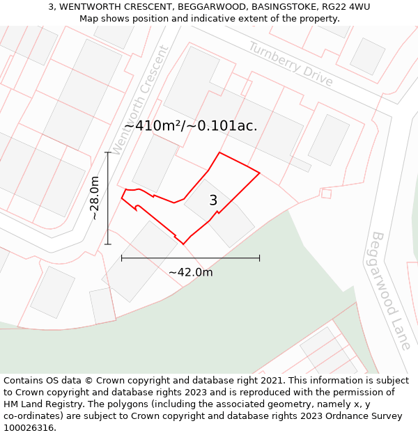 3, WENTWORTH CRESCENT, BEGGARWOOD, BASINGSTOKE, RG22 4WU: Plot and title map