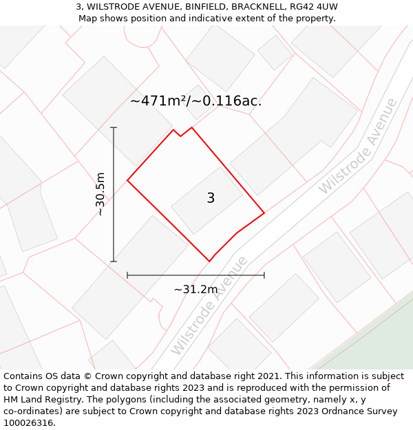 3, WILSTRODE AVENUE, BINFIELD, BRACKNELL, RG42 4UW: Plot and title map