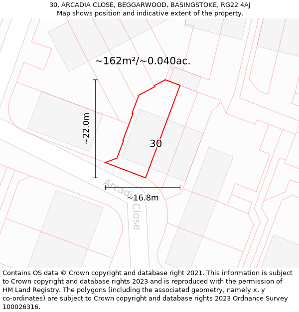 30, ARCADIA CLOSE, BEGGARWOOD, BASINGSTOKE, RG22 4AJ: Plot and title map