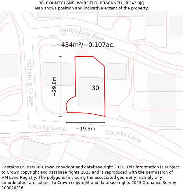 30, COUNTY LANE, WARFIELD, BRACKNELL, RG42 3JQ: Plot and title map