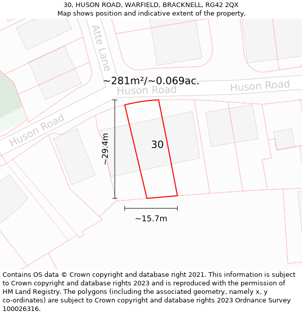 30, HUSON ROAD, WARFIELD, BRACKNELL, RG42 2QX: Plot and title map