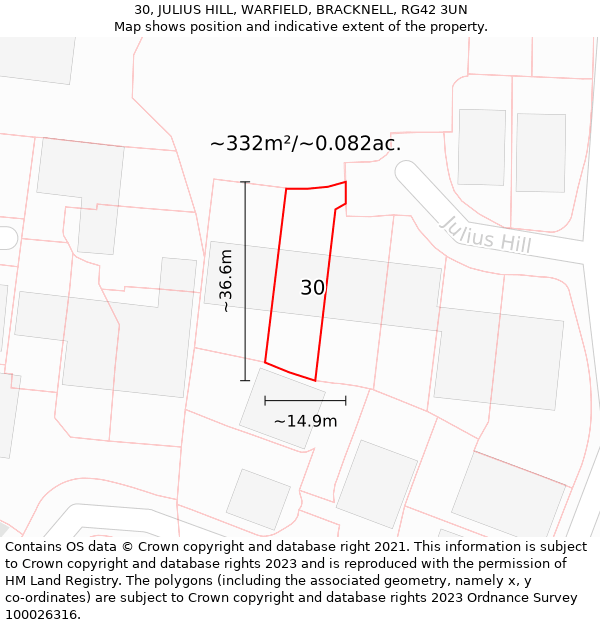 30, JULIUS HILL, WARFIELD, BRACKNELL, RG42 3UN: Plot and title map