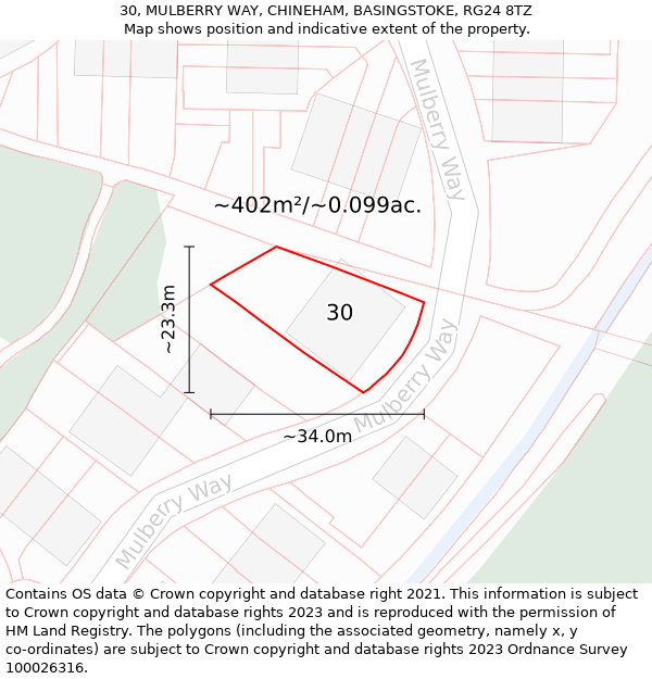 30, MULBERRY WAY, CHINEHAM, BASINGSTOKE, RG24 8TZ: Plot and title map