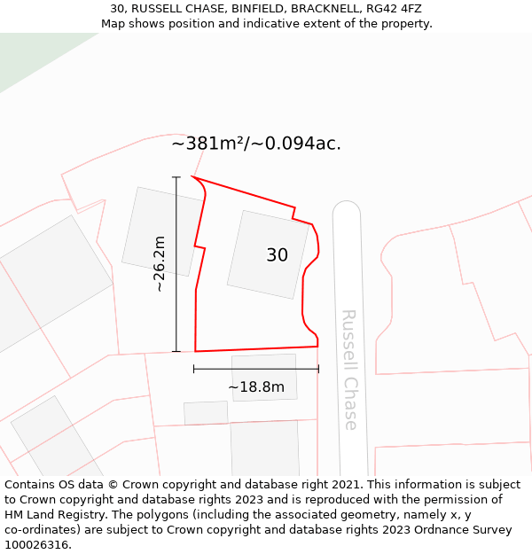 30, RUSSELL CHASE, BINFIELD, BRACKNELL, RG42 4FZ: Plot and title map