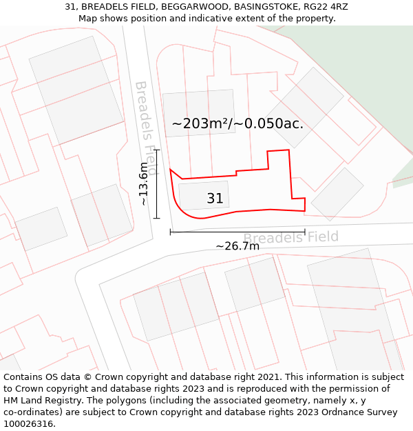 31, BREADELS FIELD, BEGGARWOOD, BASINGSTOKE, RG22 4RZ: Plot and title map