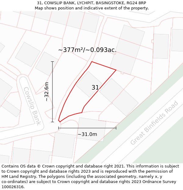 31, COWSLIP BANK, LYCHPIT, BASINGSTOKE, RG24 8RP: Plot and title map