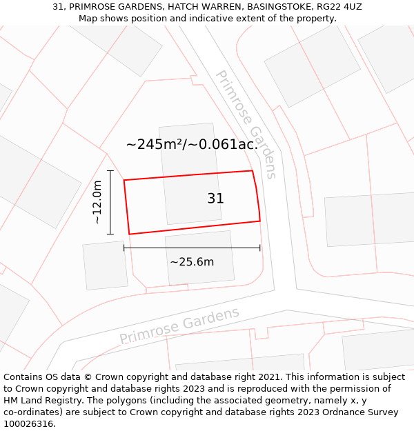 31, PRIMROSE GARDENS, HATCH WARREN, BASINGSTOKE, RG22 4UZ: Plot and title map