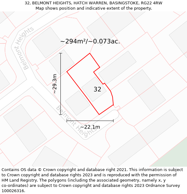 32, BELMONT HEIGHTS, HATCH WARREN, BASINGSTOKE, RG22 4RW: Plot and title map