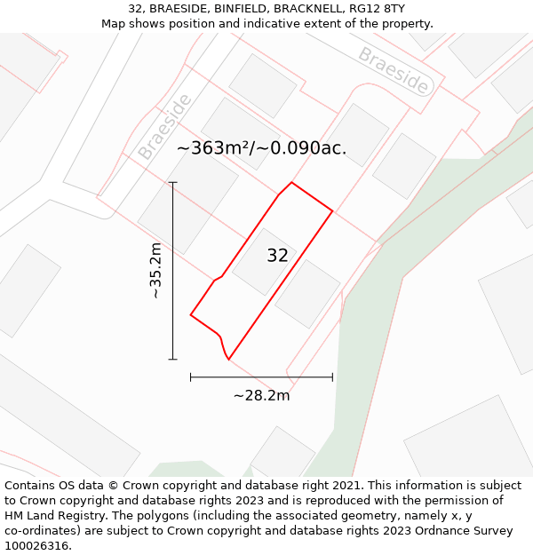 32, BRAESIDE, BINFIELD, BRACKNELL, RG12 8TY: Plot and title map