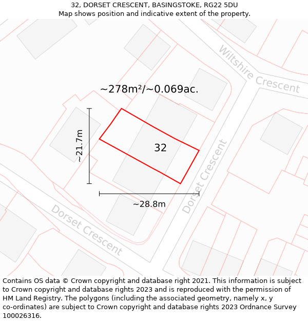 32, DORSET CRESCENT, BASINGSTOKE, RG22 5DU: Plot and title map