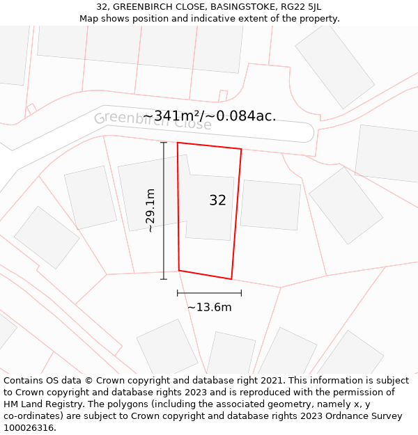 32, GREENBIRCH CLOSE, BASINGSTOKE, RG22 5JL: Plot and title map